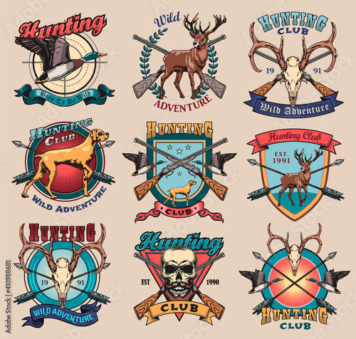 Animal hunting flat sign set. Colored hunting club labels and shields with crossed guns, skull, deer or hunter dog vector illustration collection. Nature and wild adventure concept