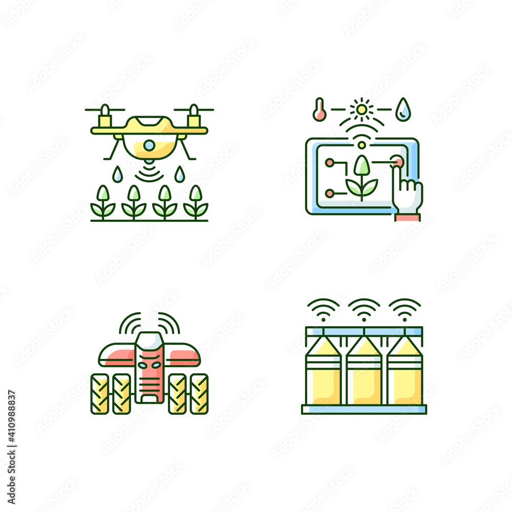 Precision agriculture RGB color icons set. Automation in horticulture. Smart farm. Farming drones. Crop storage. Driverless tractor. Isolated vector illustrations