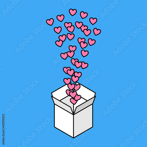 Pink love hearts flying out of the cardboard box line vector concept.