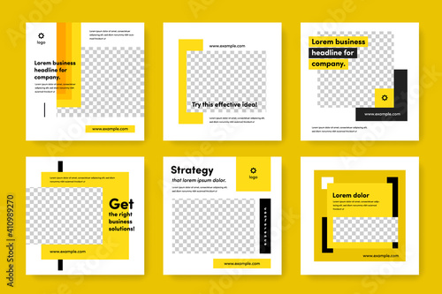clean editable social media layouts with yellow accent, modern business square graphic banners for instagram and facebook
