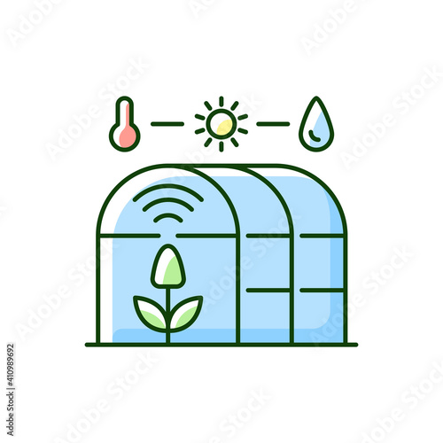 Smart greenhouse RGB color icon. Agricultural management. Cultivation environment. Indoor farming. Isolated vector illustration