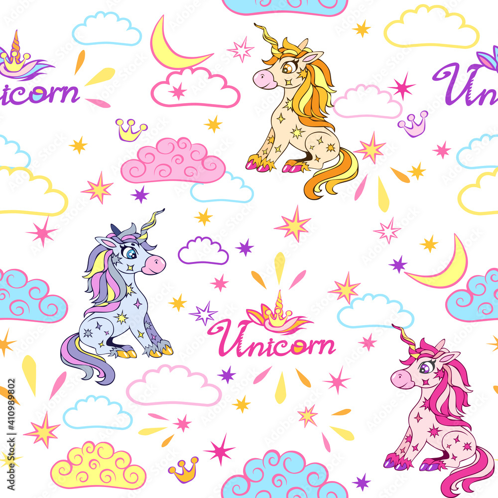 Seamless pattern with cute magical unicorns in the sky with colorful clouds, moon and stars. Seamless pattern with cute magical unicorns in the sky with colorful clouds, moon and stars.