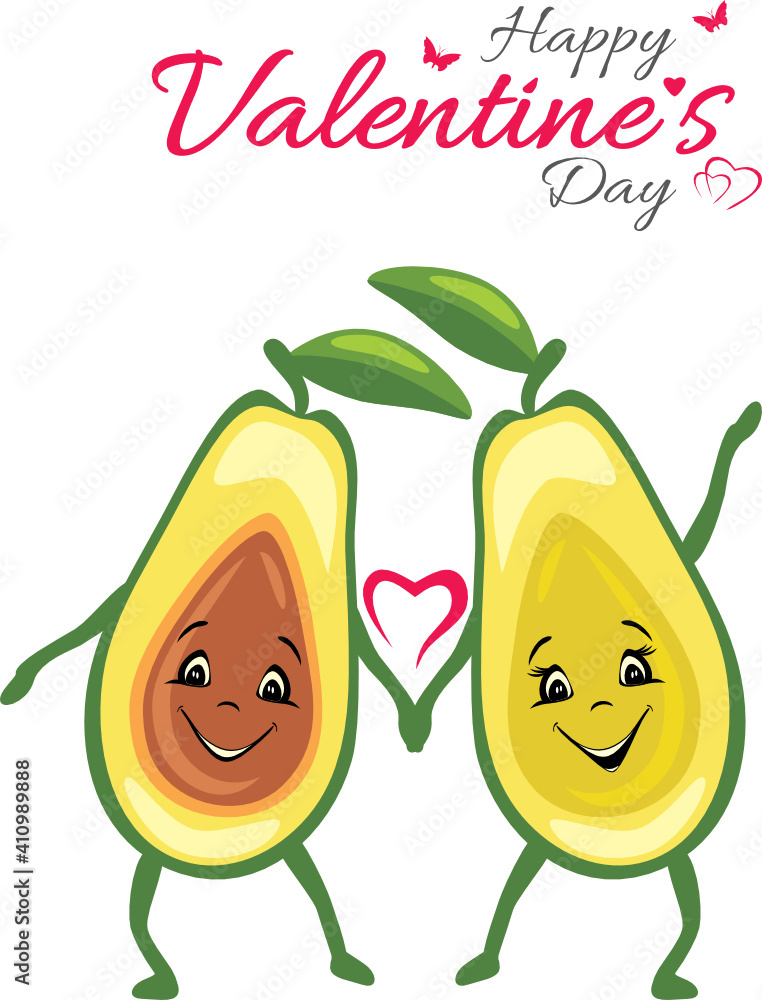 Two smiling avocado with heart. Romantic funny design Two smiling avocado with heart. Romantic funny design