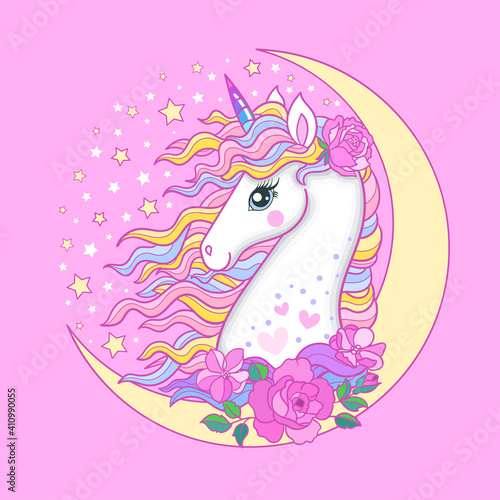 Composition with a crescent moon, white unicorn and flowers on a pink background. Vector illustration.