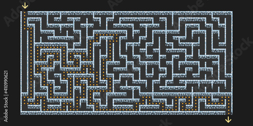 3D Maze, Labyrinth with stone walls and solution way. Game level design for dungeon escape or kids puzzle game asset. Top down view. Vector illustration.