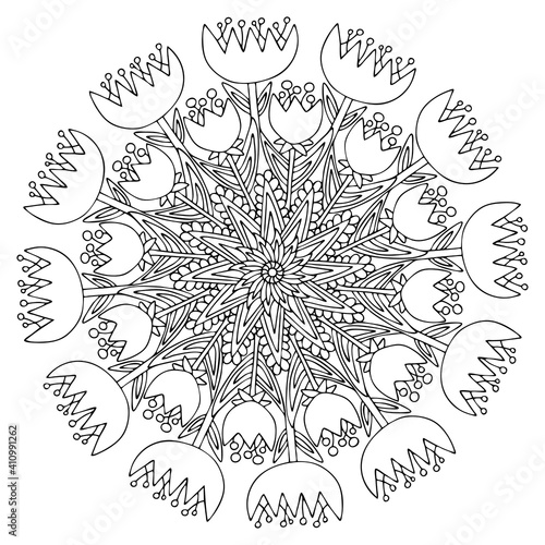 Blossom tulips flowers with leaves mandala coloring page vector. Funny spring blooming fantasy tulips black and white stock vector illustration. Monochrome radial symmetry floral coloring book page