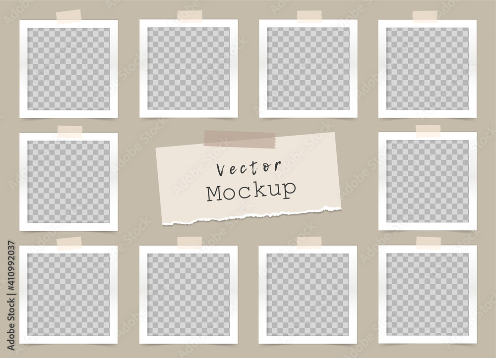 Set of transparent square photo frames with adhesive tape and a piece of torn paper. Mockup for design, portfolio. Blank template on beige background. Vector 3d realistic. 10 empty photo cards. EPS 10