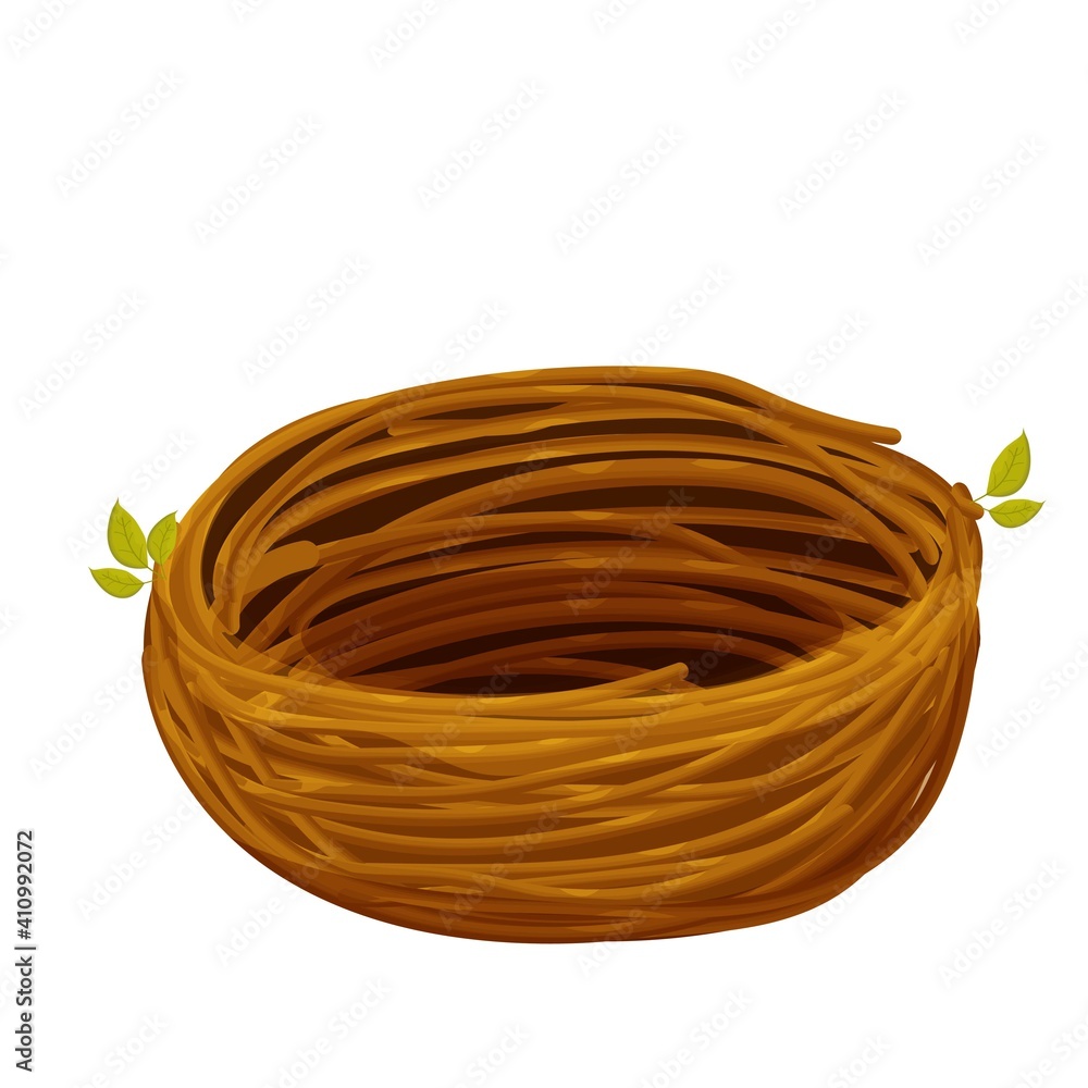 Cute bird nest from twigs in cartoon style isolated on white background