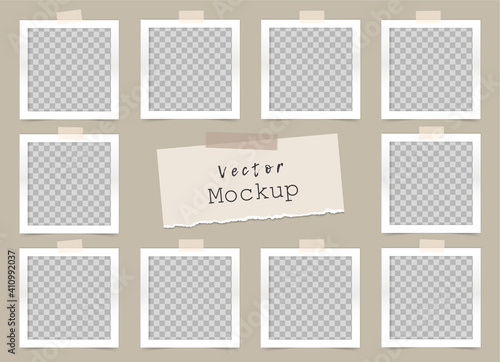 Set of transparent square photo frames with adhesive tape and a piece of torn paper. Mockup for design, portfolio. Blank template on beige background. Vector 3d realistic. 10 empty photo cards. EPS 10