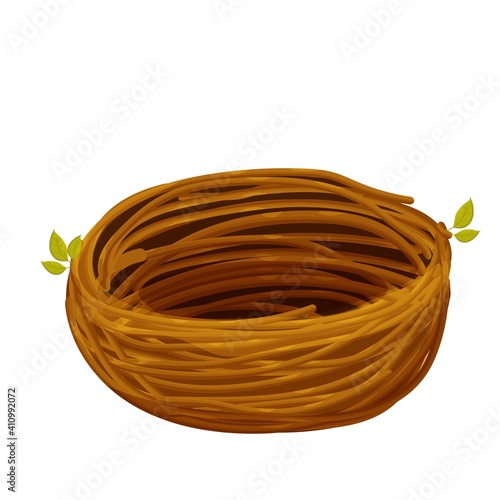 Cute bird nest from twigs in cartoon style isolated on white background. Empty natural basket, construction, single object, clipart. 