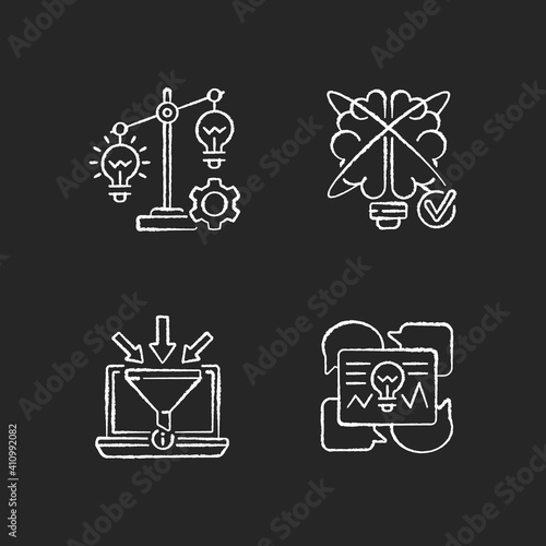 Creative thinking chalk white icon on black background. Gathering information. Idea prioritization. Communicating ideas. creative Problem solving. Isolated vector chalkboard illustrations