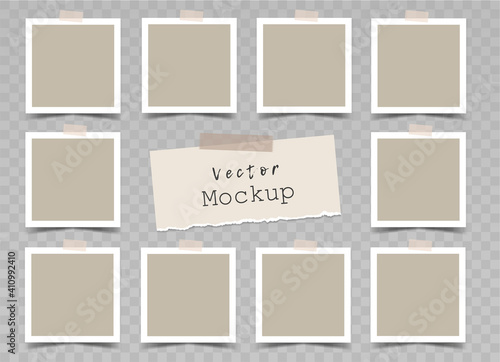 Set of  beige square photo frames with adhesive tape and a torn paper note. Mockup for photo album, presentation, social media. Blank template. Vector 3d realistic.10 empty photo cards. EPS10.