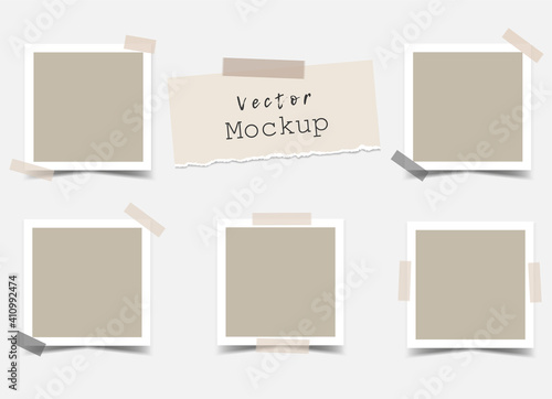 Set of square photo frames with adhesive tape and a piece of torn paper. Mockup for design, portfolios, social media or branding. Mood Board Blank template. Vector 3d realistic. 5 empty photo cards. 