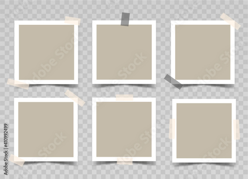 Vector 3d realistic square photo frames with various adhesive tape. Mockup for design or presentation. Template on transparent background. 6 empty beige photo cards with sticky tape. EPS10.