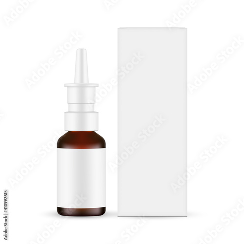 Glass Nasal Spray Bottle Mockup, Packaging Box Front View, Isolated on White Background. Vector Illustration
