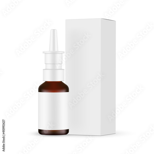 Glass Nasal Spray Bottle Mockup with Label, Packaging Box Side View, Isolated on White Background. Vector Illustration