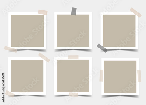 Set of square photo frames with various adhesive tapes. Vector 3d realistic. Mockup for design or presentation. Blank Template. 6 empty beige photo cards with black and beige sticky tape. EPS10. 