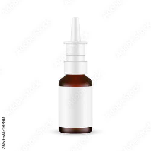 Glass Nasal Spray Bottle Mockup with Label Isolated on White Background. Vector Illustration