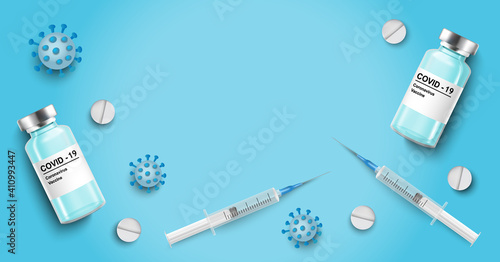 Coronavirus vaccine vector background. Covid-19 corona virus vaccination with vaccine bottle and syringe injection tool for covid19 immunization treatment. Vector illustration.