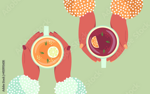 Vector cartoon illustration of two pairs of friends hands drinking herbal tea, cup mug, top view of the table. Friendly support in difficult times. Tea with citrus fruits. Tea break.