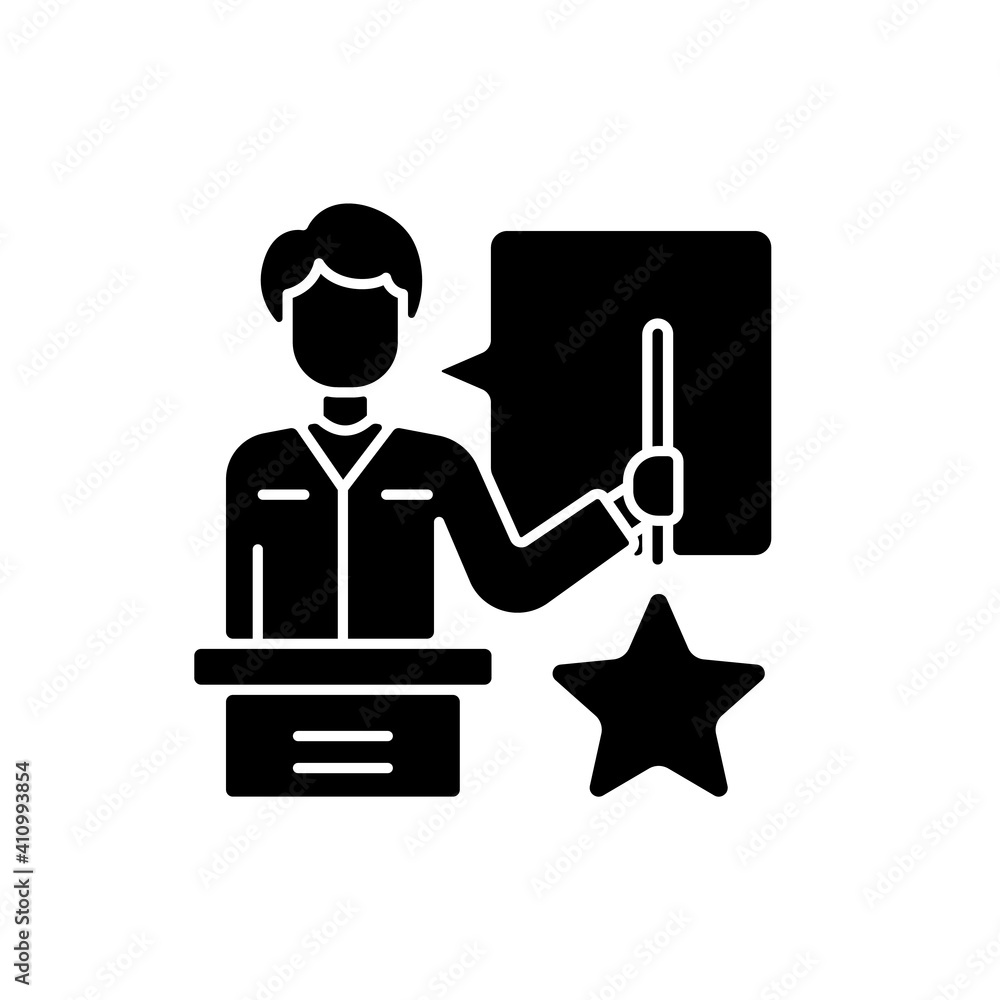 Knowledgeable presenter black glyph icon. Lecturer near the blackboard tells. Workshop. Man expresses thoughts. Holds star. Silhouette symbol on white space. Vector isolated illustration