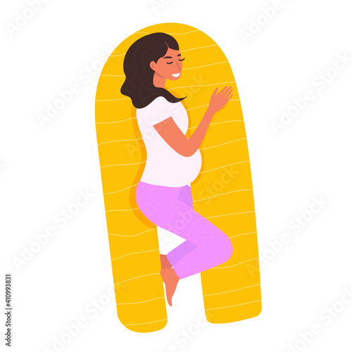 Flat vector cartoon illustration of a smiling woman with a big tummy falling asleep on a maternity pillow. A woman is resting on a bed with a comfortable orthopedic accessory.