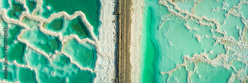 Panoramic aerial view of salt veins from 2 sides of a road that cross in the middle. Dead sea, Negev, Israel. photo