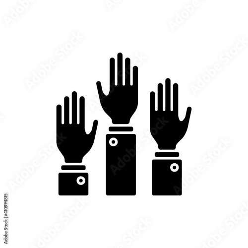 Participation black glyph icon. Taking part in proffesional workshops. Active position. Hands raised up. hands-on learning. Silhouette symbol on white space. Vector isolated illustration