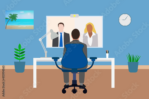 Man in costume having conference call in business activity with his business team online. Remote working online from home. Interior room with computer, flowers,clock,picture.Stock vector illustration.
