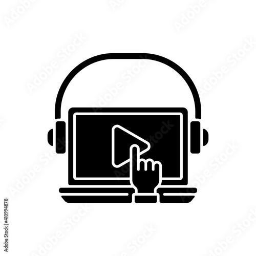 On-demand webinar black glyph icon. Practical online lesson. Improving the level of professional skills of personnel. Silhouette symbol on white space. Vector isolated illustration