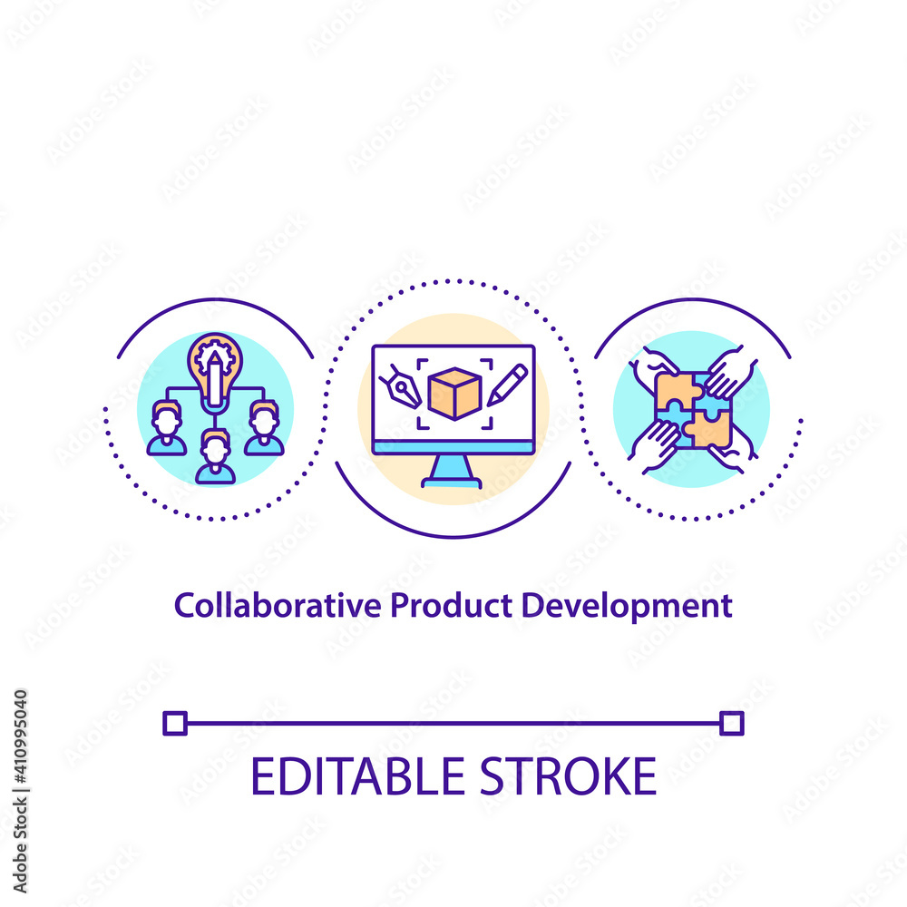 Collaborative product development concept icon. Workflow and suite of software applications idea thin line illustration. Business strategy. Vector isolated outline RGB color drawing. Editable stroke Collaborative product development concept icon. Workflow and suite of software applications idea thin line illustration. Business strategy. Vector isolated outline RGB color drawing. Editable stroke