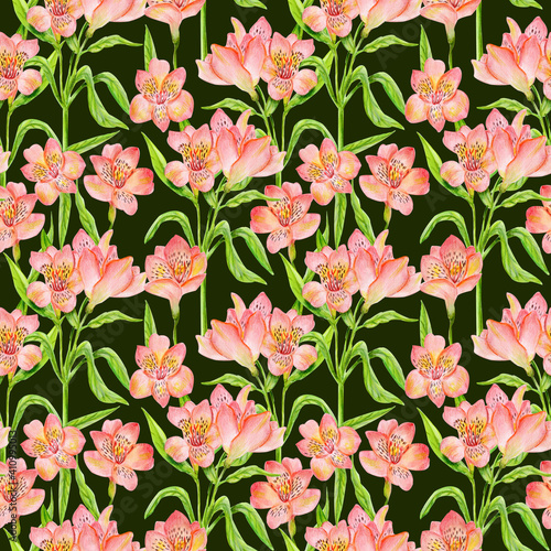 Seamless pattern with watercolor pink alstroemeria and green leaves