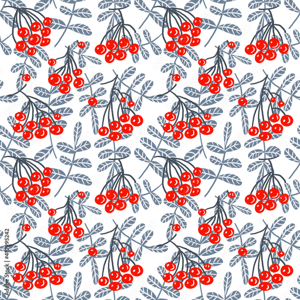 Naklejka premium Seamless pattern with rowan, red berries, rowan berries, winter berries