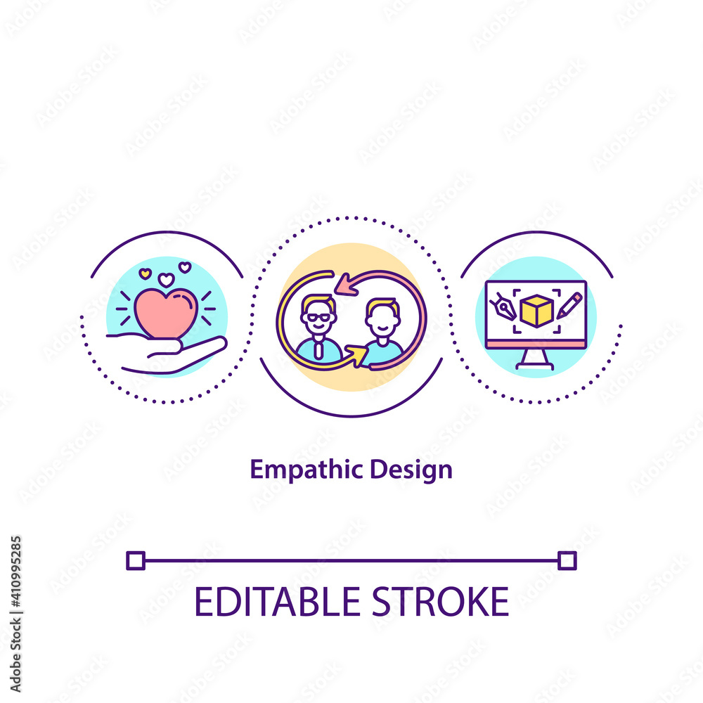 Empathic design concept icon. User centered design approach idea thin line illustration. Observation and goal needs of customers. Vector isolated outline RGB color drawing. Editable stroke Empathic design concept icon. User centered design approach idea thin line illustration. Observation and goal needs of customers. Vector isolated outline RGB color drawing. Editable stroke