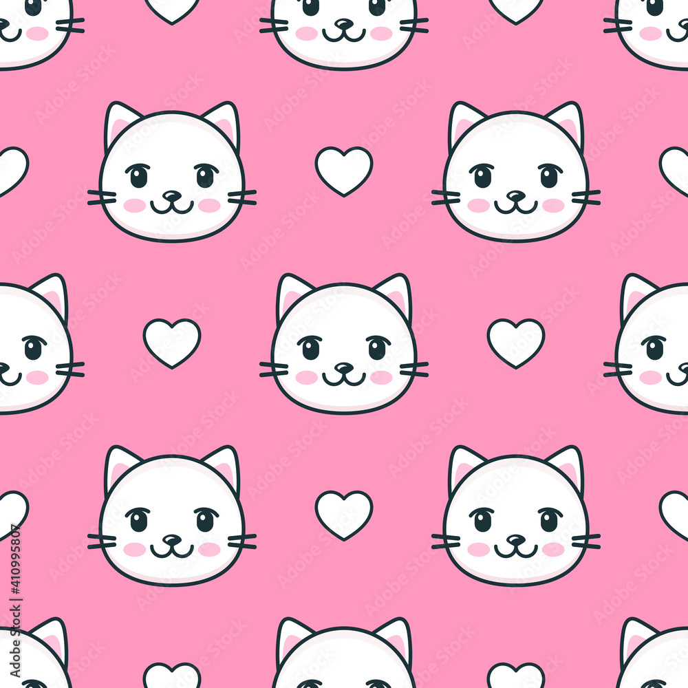 Seamless pattern with white cats and hearts