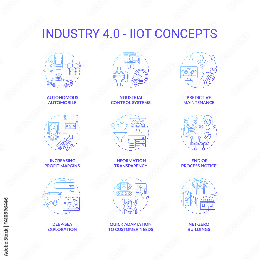 Industry 4.0 concept icons set. Cyber-physical systems idea thin line RGB color illustrations. Increasing profit. Autonomous automobile. Predictive maintenance. Vector isolated outline drawings