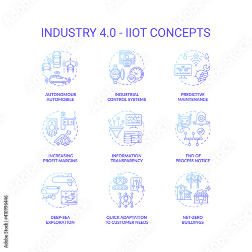 Industry 4.0 concept icons set. Cyber-physical systems idea thin line RGB color illustrations. Increasing profit. Autonomous automobile. Predictive maintenance. Vector isolated outline drawings