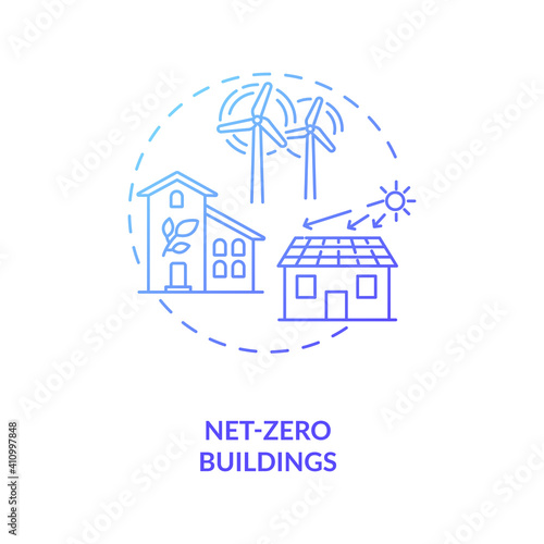 Net-zero buildings concept icon. CPS usage idea thin line illustration. Removing human-produced carbon dioxide. Reducing emissions. Zero-energy building. Vector isolated outline RGB color drawing