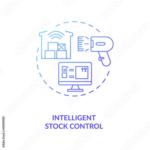 Intelligent stock control concept icon. M2M communication type idea thin line illustration. Smart inventory management. Warehousing and items processing. Vector isolated outline RGB color drawing