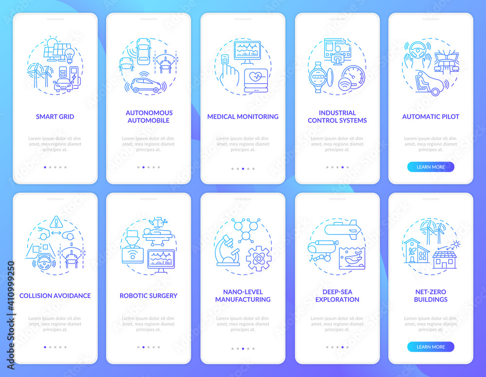 CPS implementation onboarding mobile app page screen with concepts set. Med monitoring, net-zero building walkthrough 5 steps graphic instructions. UI vector template with RGB color illustrations