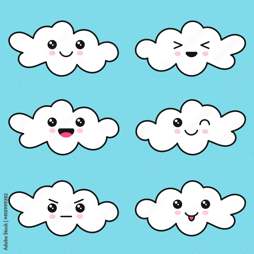 Cute clouds with different emotions on blue sky