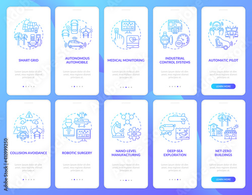 CPS implementation onboarding mobile app page screen with concepts set. Med monitoring, net-zero building walkthrough 5 steps graphic instructions. UI vector template with RGB color illustrations