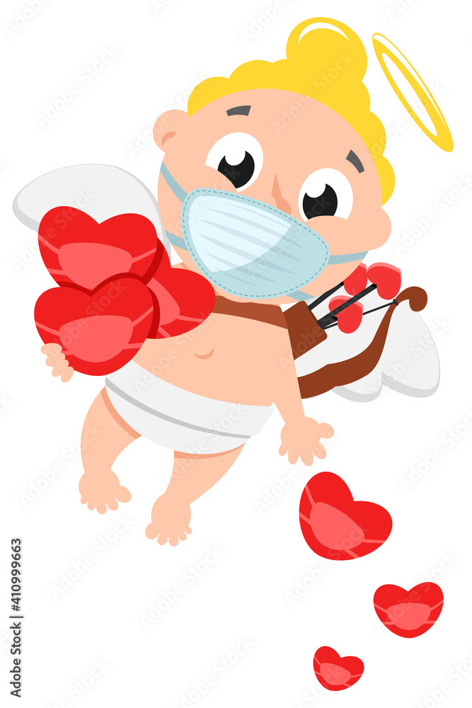Cupid in a medical mask scatters hearts. Character, Valentines Day