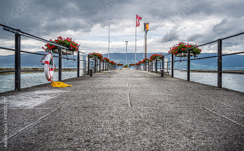 Ferry pier on the Lake Neuchatel in the city of Estavayer-le-Lac, Switzerland