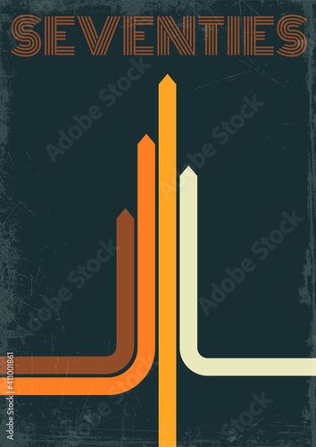 1970s Background, Poster, Cover Template, Vintage Color Lines and Arrows, Grunge Texture Pattern 