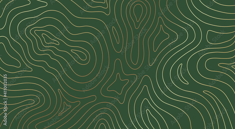 Abstract gold topographic lines on a green background. Golden line waves topographical design. Geographic mountain contours Vector Illustration Abstract gold topographic lines on a green background. Golden line waves topographical design. Geographic mountain contours Vector Illustration