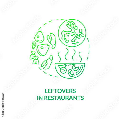 Leftovers in restaurants concept icon. Food waste type idea thin line illustration. Uneaten food from meals. Oversized portions. Extensive menu choices. Vector isolated outline RGB color drawing