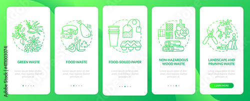 Organic waste material onboarding mobile app page screen with concepts. Green, landscape waste walkthrough 5 steps graphic instructions. UI vector template with RGB color illustrations