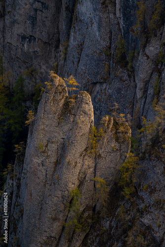 Autumnal larch on top of rock formations © Daniel M