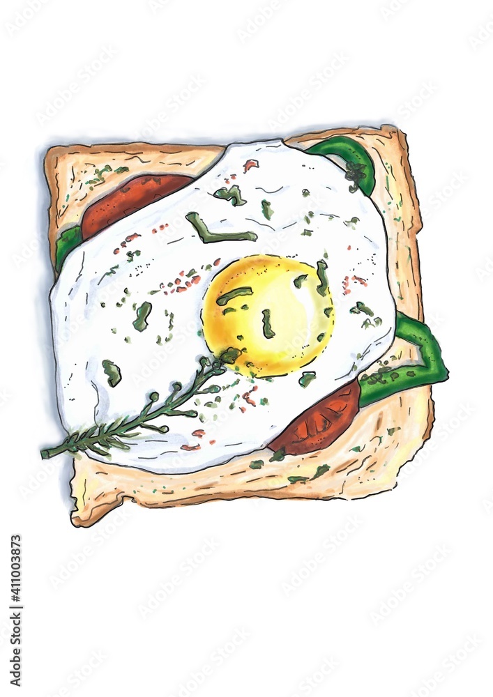 Realistic hand-drawn illustration of a toast with fried egg , green pepper, red tomatoes , spices and herbs on white background. Breakfast and snacks menu art